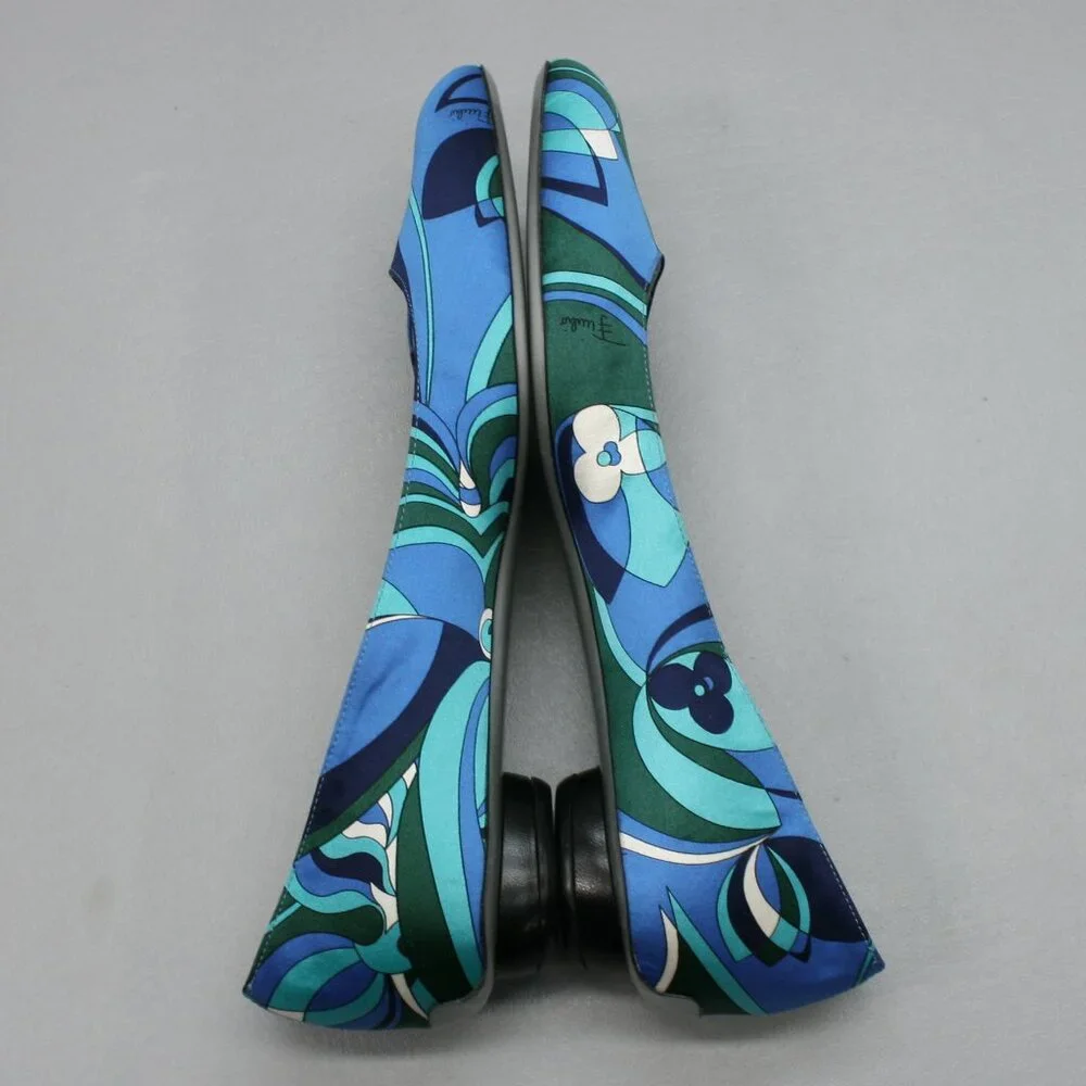 Emilio Pucci 41 Ladies 10.5-11 Blue Teal Silk Ballet Flats Low Heels Shoes Italy - Picture 12 of 12